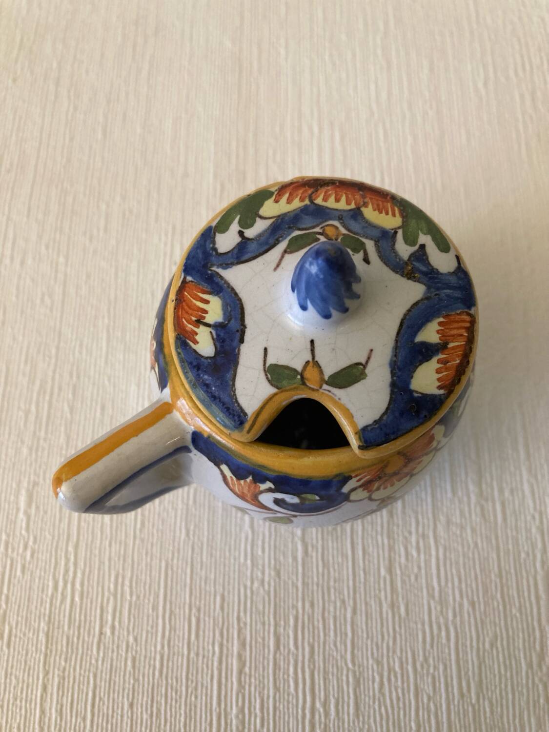 Mustard pot signed Henri Delcourt Hand painted Old Rouen early 20th century