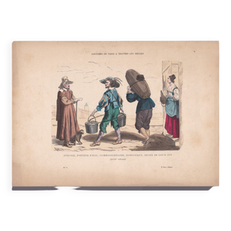 Une illustration , une image d'époque : editeur f . roy costumes de paris  : porteur d'eau - aveugle