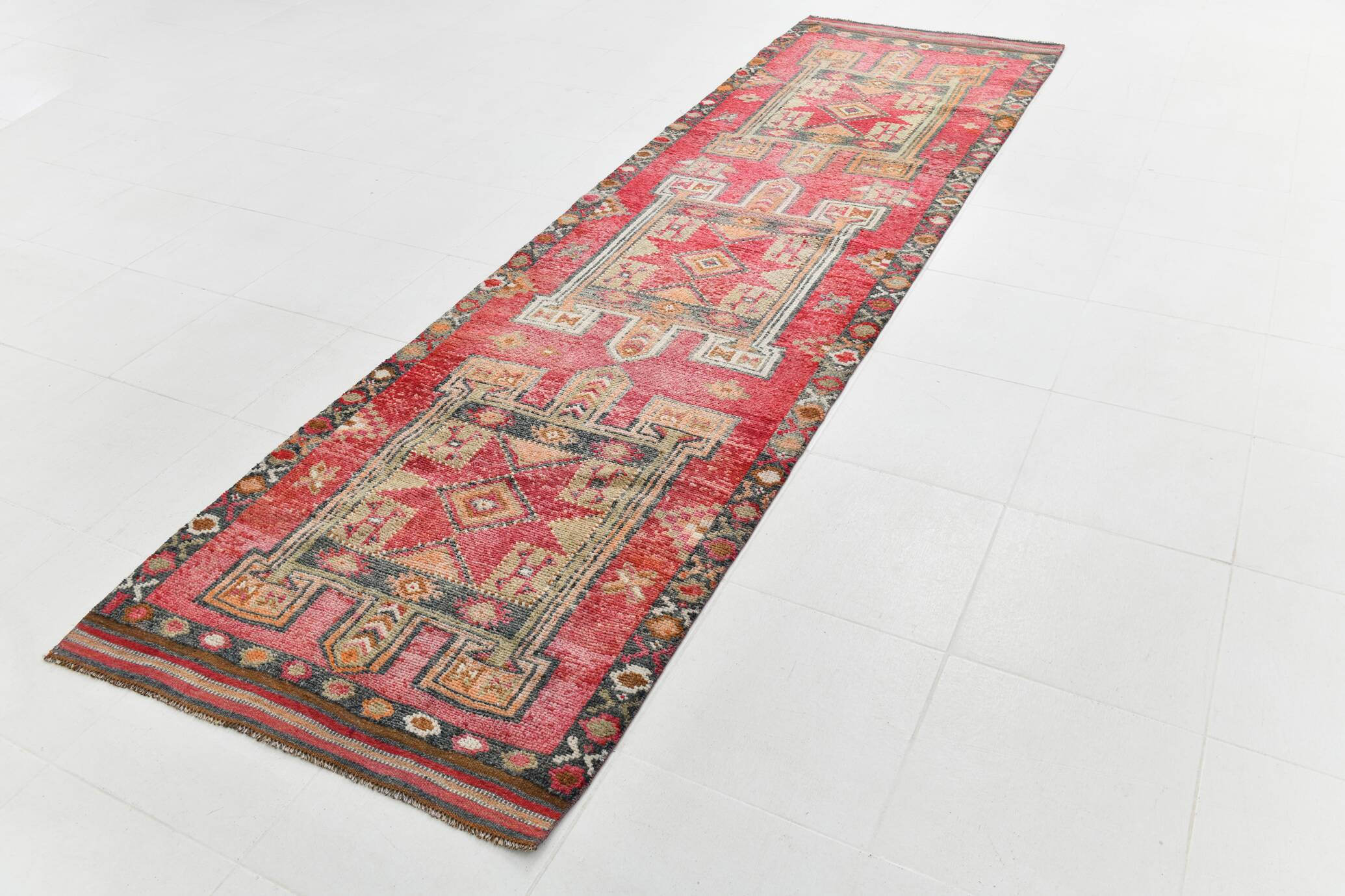 4x12 Vintage Long Wide Vintage Runner, Soft Red Wool Runner Rug, 104x363Cm