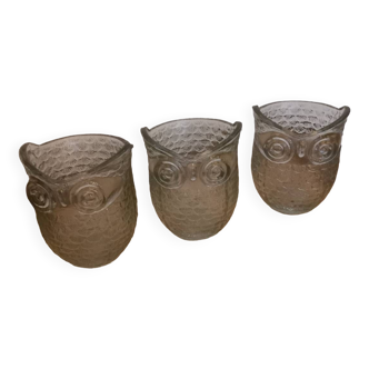 3 owl/owl head glass tealight holders/candleholders