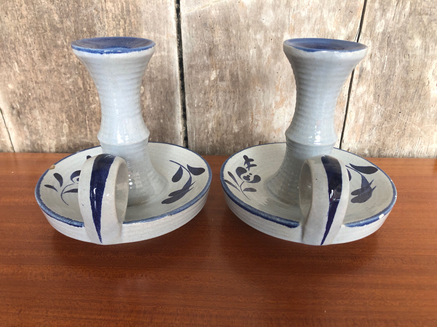Old pair of hand candlesticks st clément céramique bleue france #a266