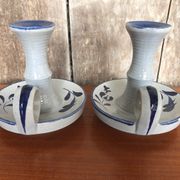 Old pair of hand candlesticks st clément céramique bleue france #a266