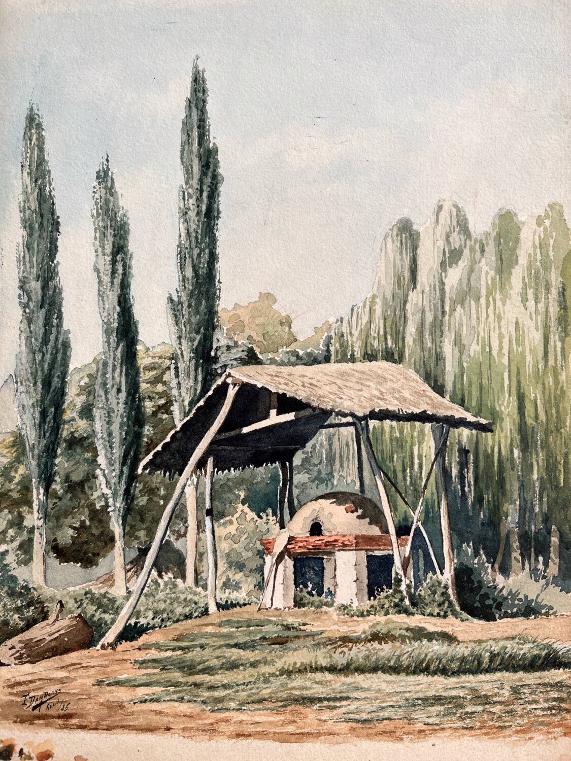 Old watercolor rural landscape dated 1885