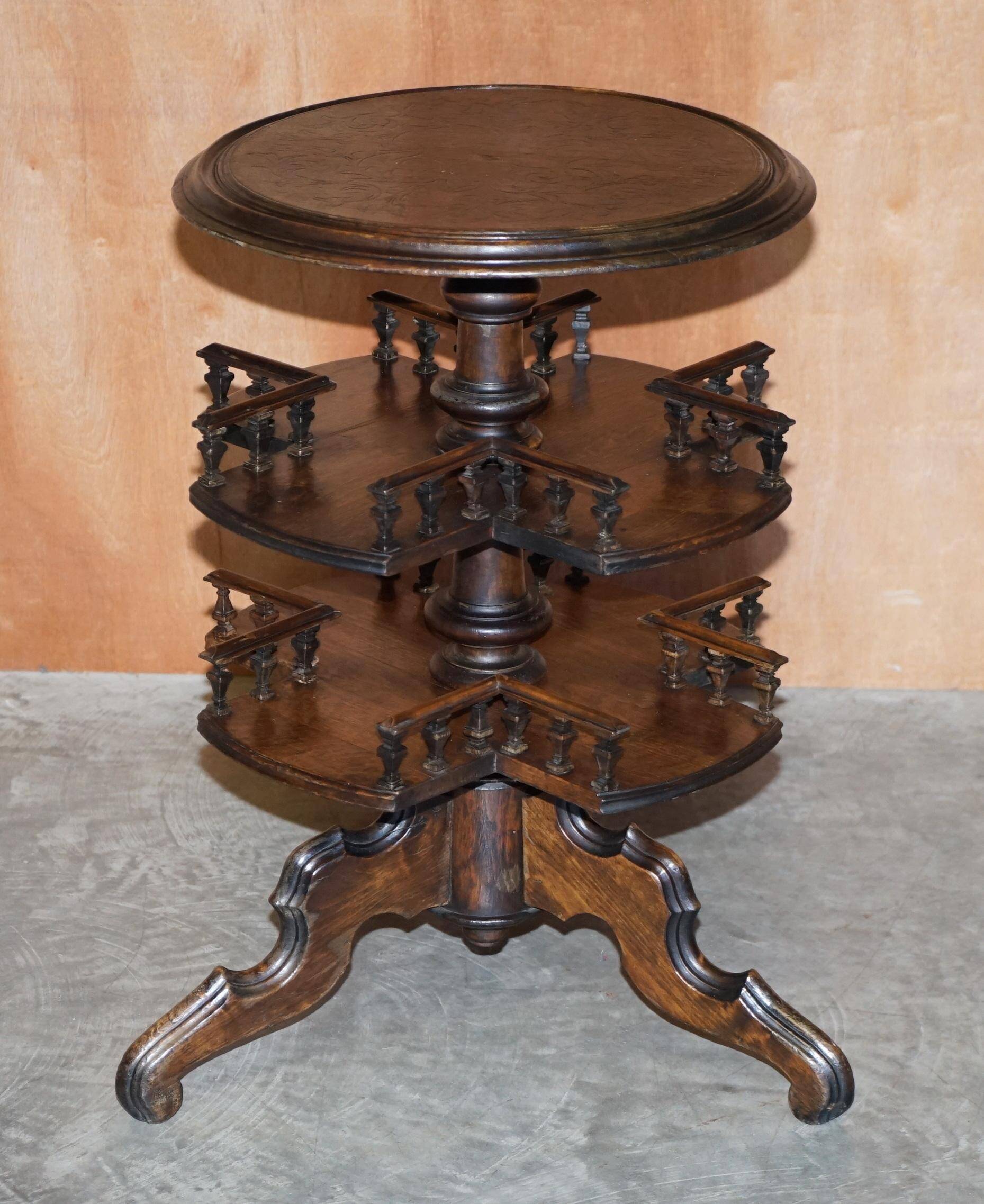 Victorian oak library table, two levels, pokerwork top.