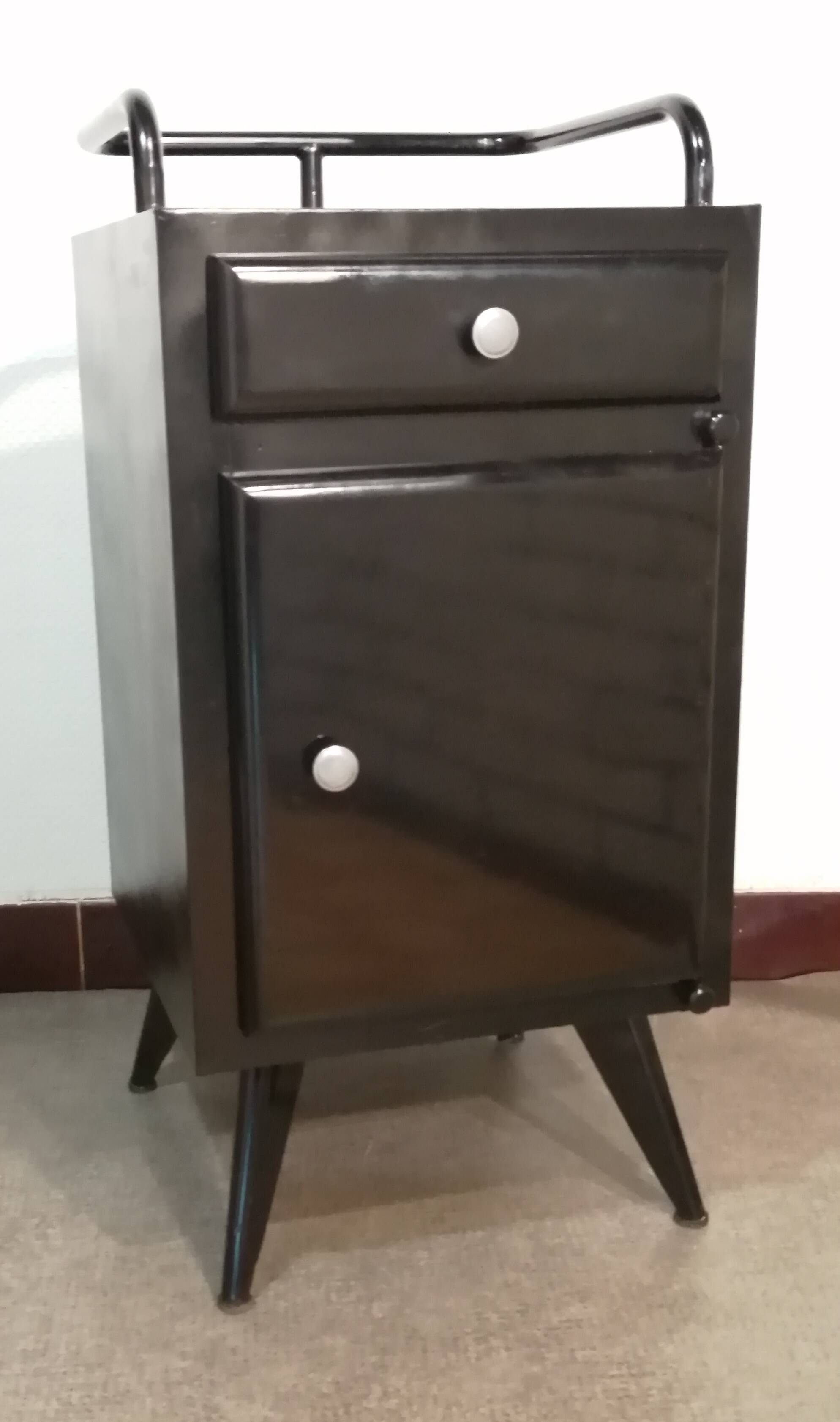 Black hospital/internment bedside table, all metal, compass legs, 1940s industrial.