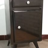 Black hospital/internment bedside table, all metal, compass legs, 1940s industrial.
