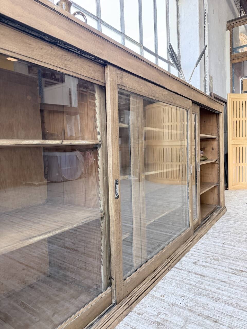 XXL 3m pine and oak display cabinet with glass doors