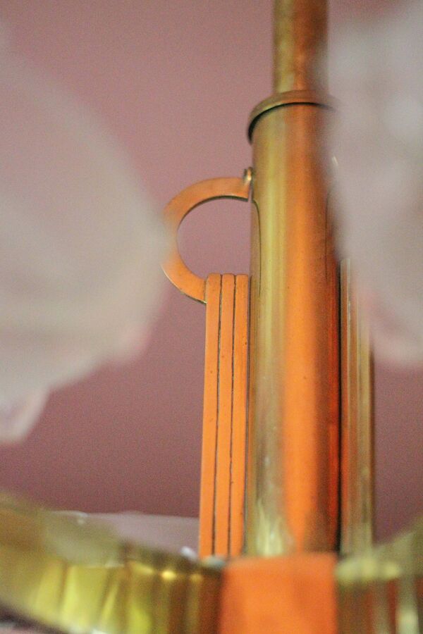 suspension art déco, lustre 6 feux globe verre Ezan, lustre bronze art déco