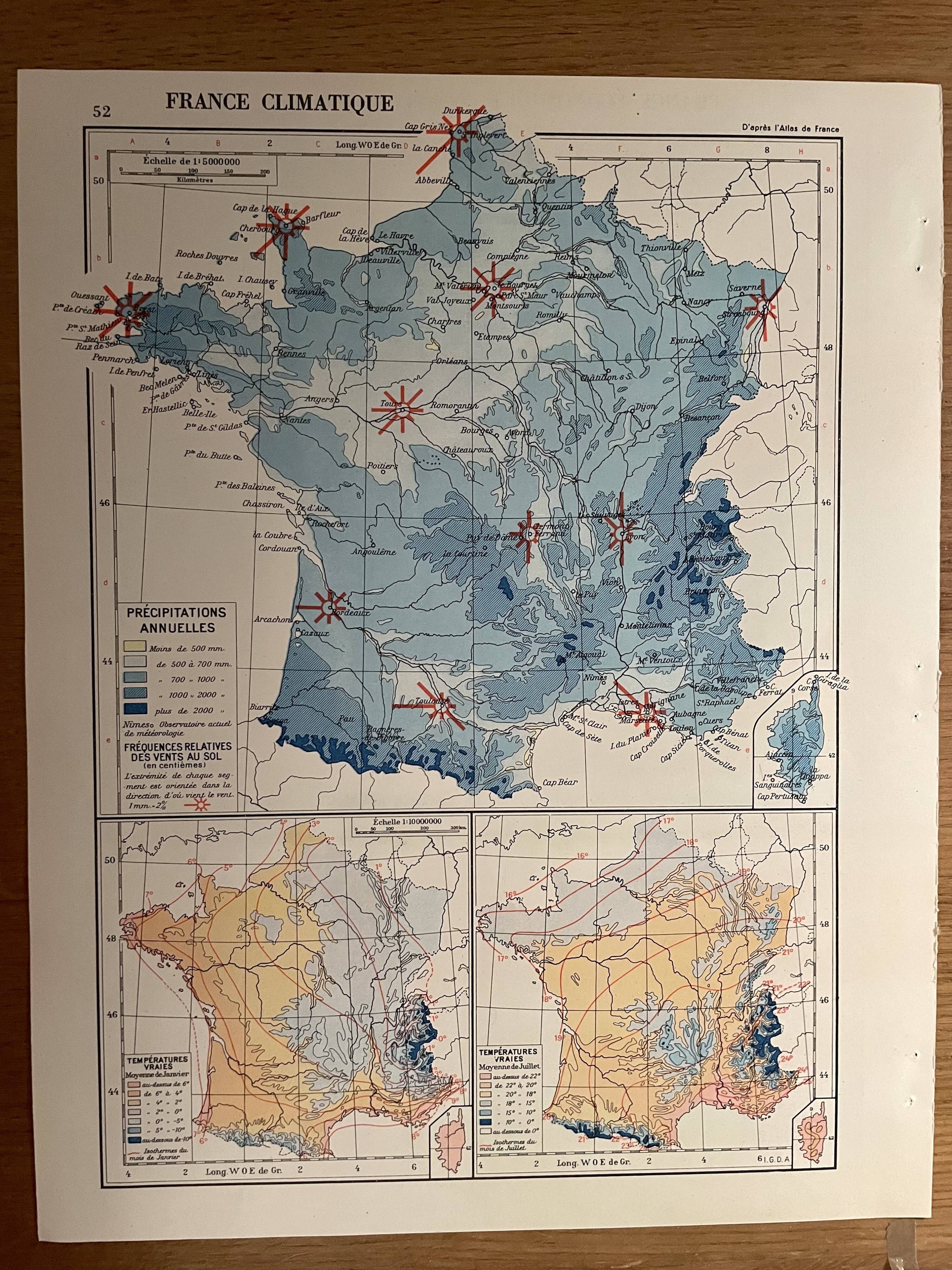 Old climate France map from 1945