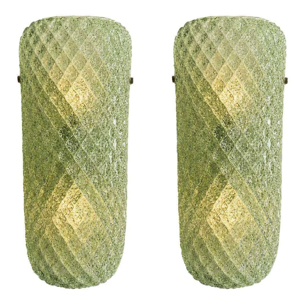 Set of Two Mid-Century Modern Green "Graniglia" Rombus Murano Glass Wall Sc
