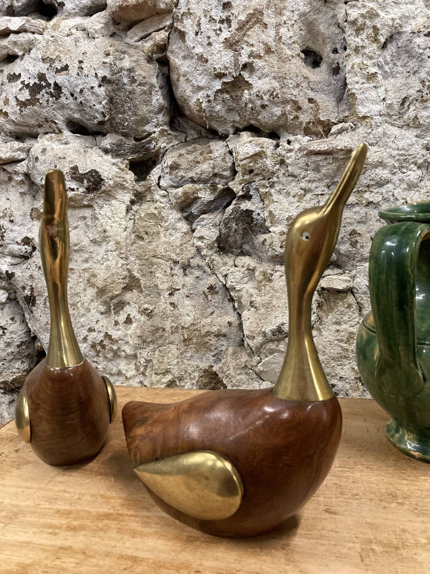 Pair of duck or swan in wood and brass sculpture