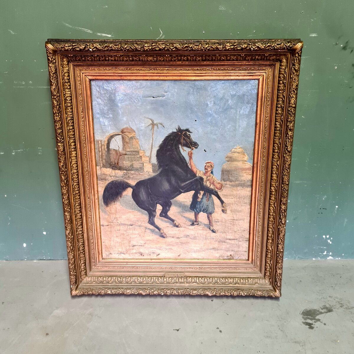 Peinture orientale d’un cheval avec une personne par Alexis de Reus 1908
