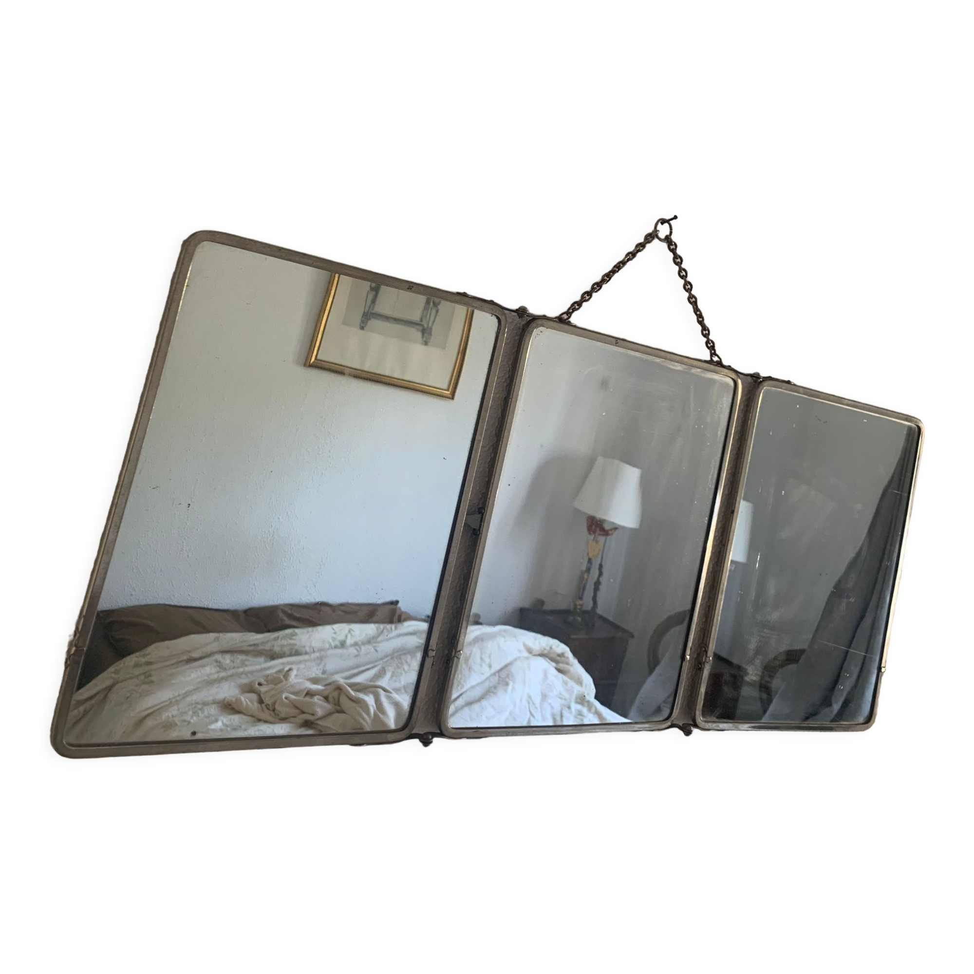 Miroir vintage 1930 triptyque de barbier Art Déco tissu - 31 x 77 cm