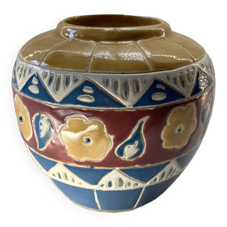 Cache pot ancien en faïence émaillée et cloisonnée