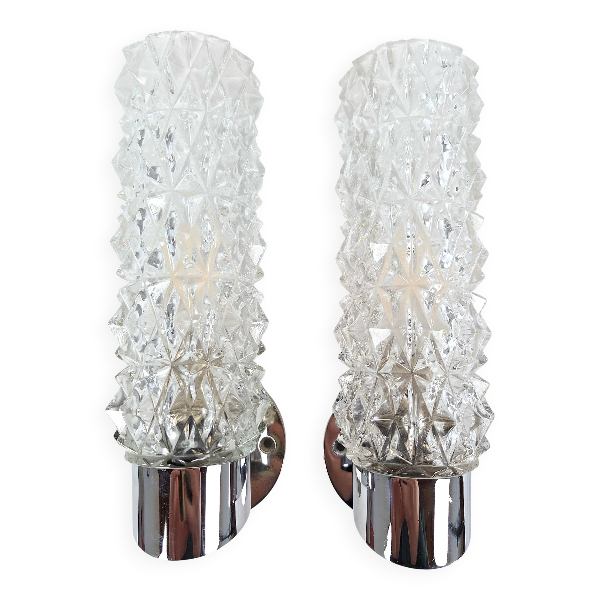 Pair of vintage Art Deco space age chrome and molded glass wall sconces