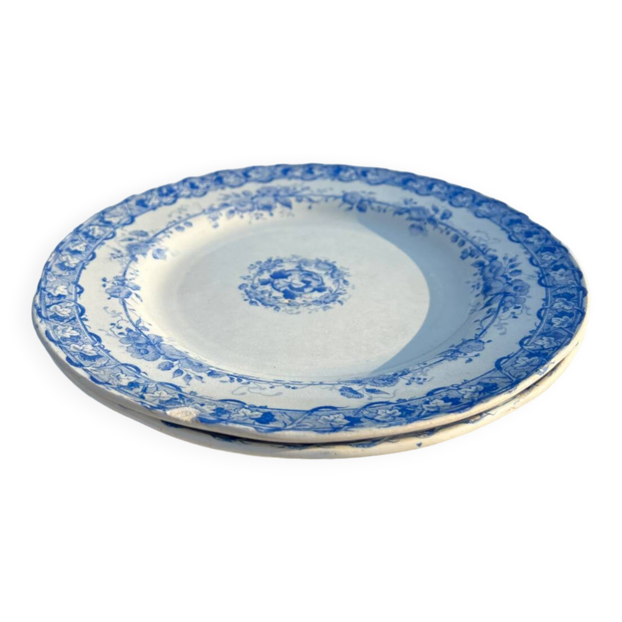 2 Antique Earthenware Plates (Blue Decor)