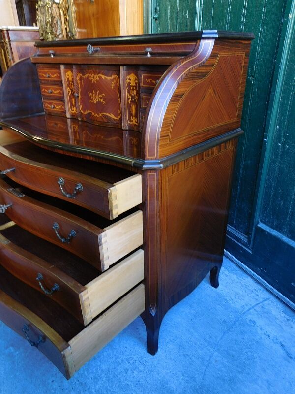 Secretaire commode a cylindre en bois verni