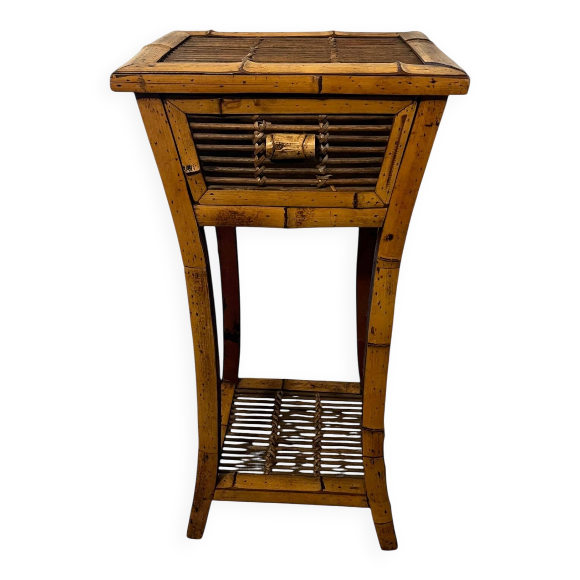 Vintage bamboo side table with drawer from the 20th century.