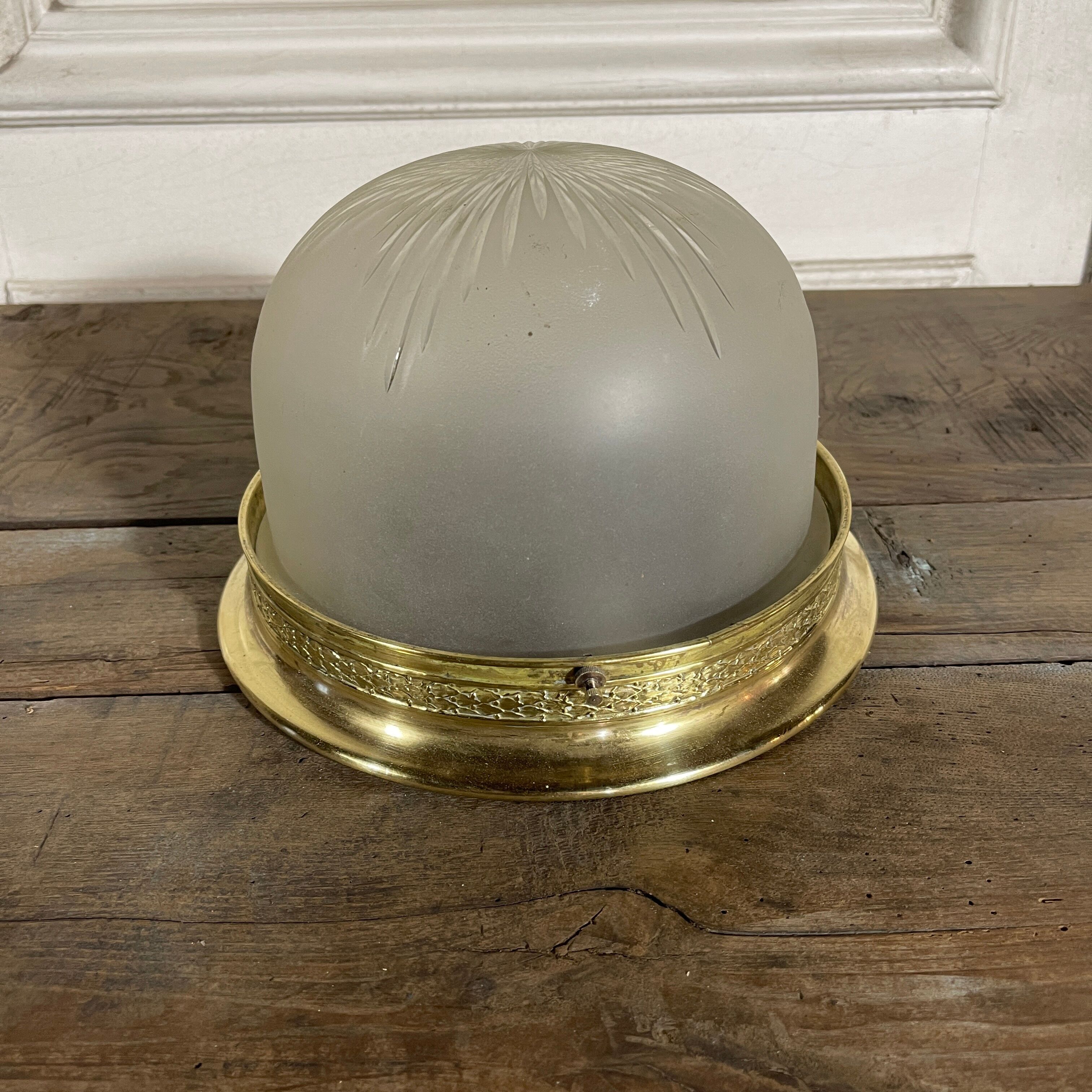 Old ceiling lamp in brass and satin glass