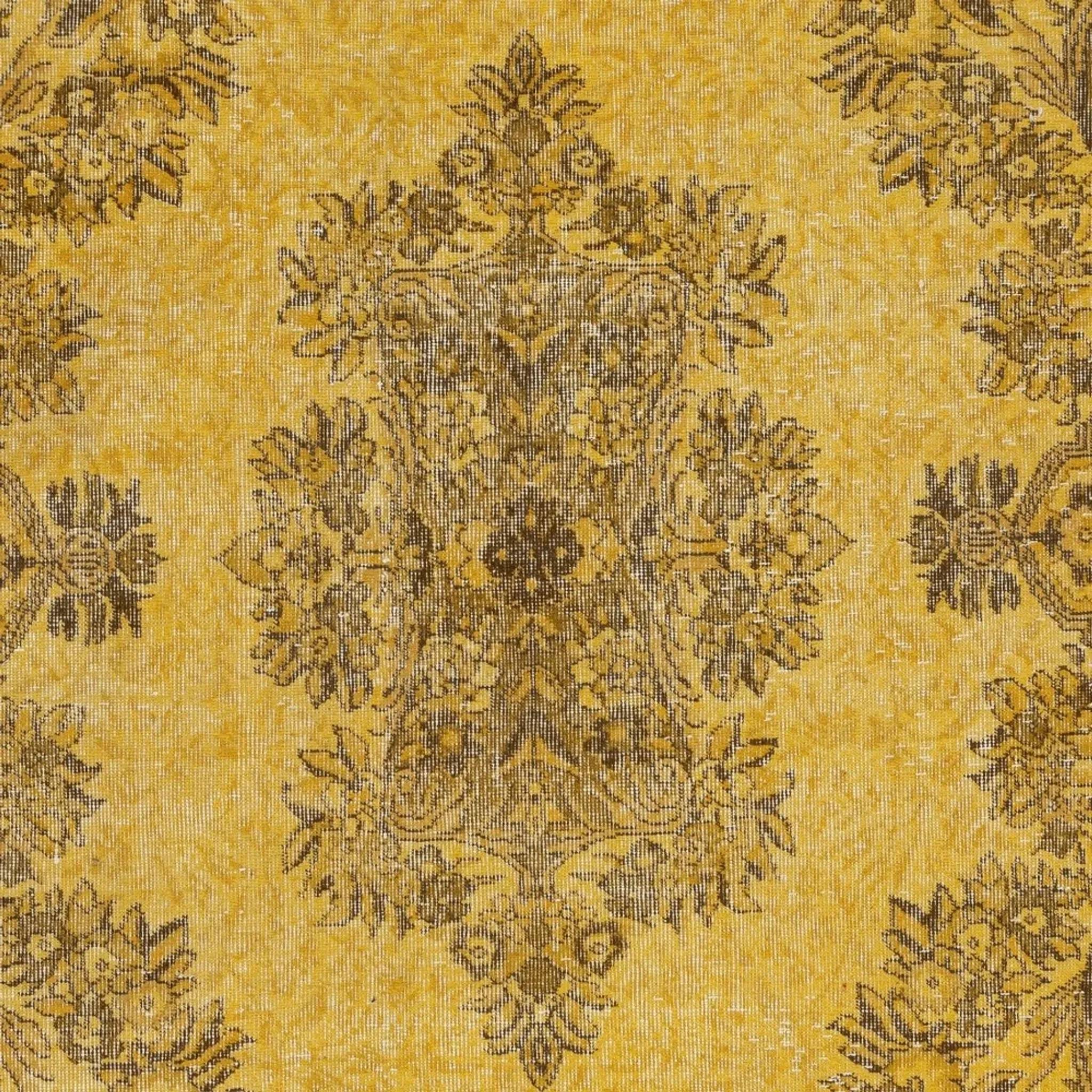 Vintage Handmade Turkish Wool Area Rug Overdyed in Yellow for Modern Interiors
