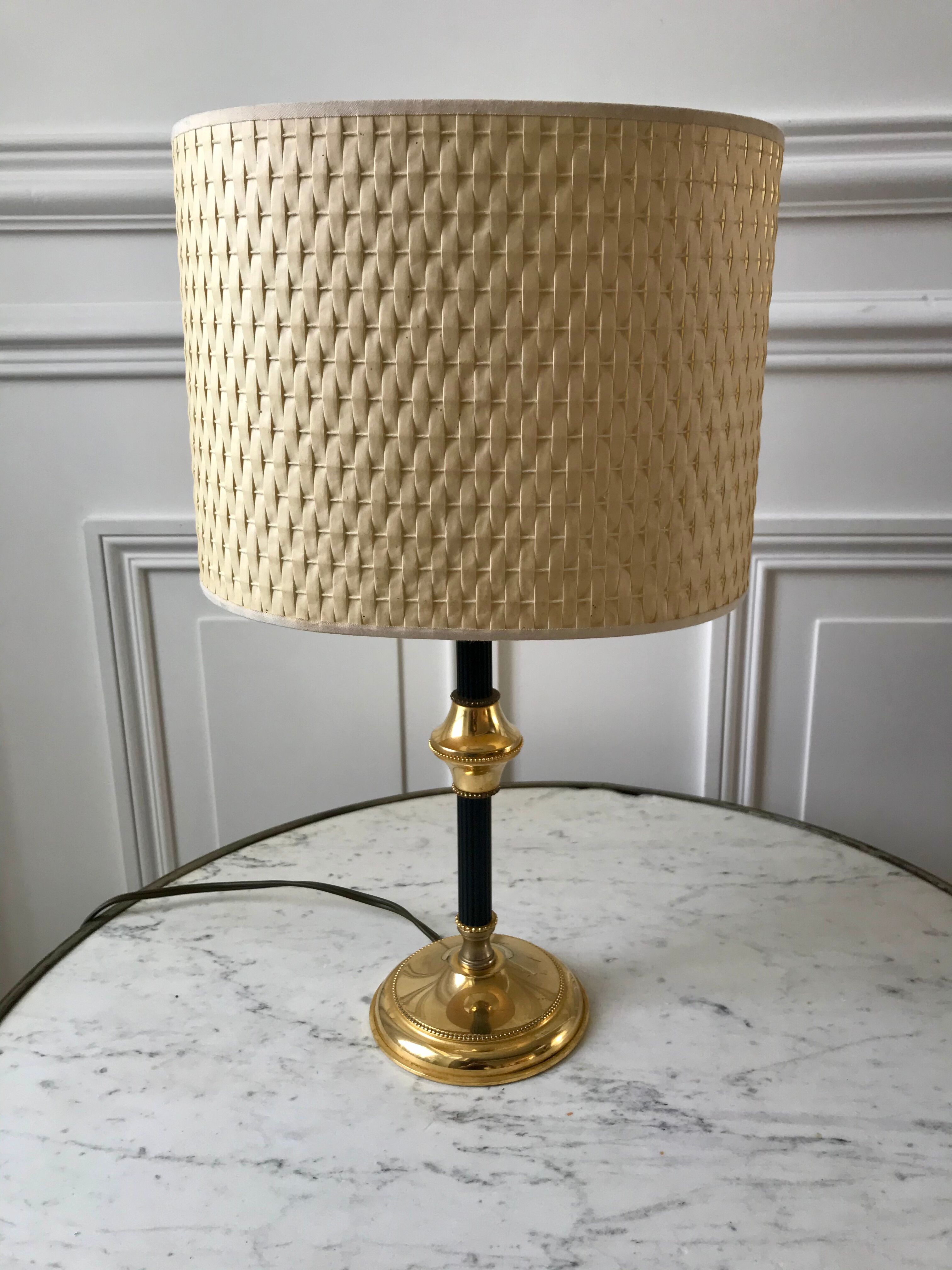 Brass and black metal lamp with woven lampshade woven 50s