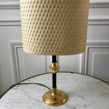 Brass and black metal lamp with woven lampshade woven 50s