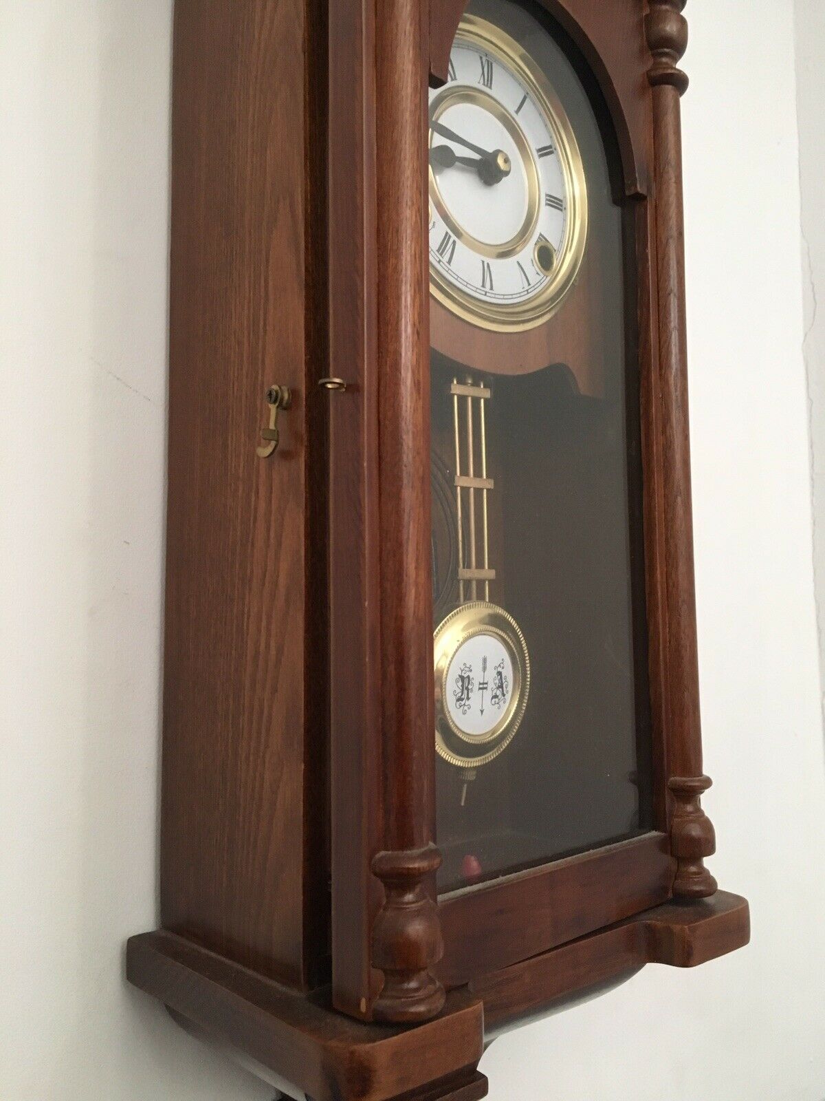 Mid Century Vintage Victorian Style Wall Clock Wood Case,Chime, in Working order