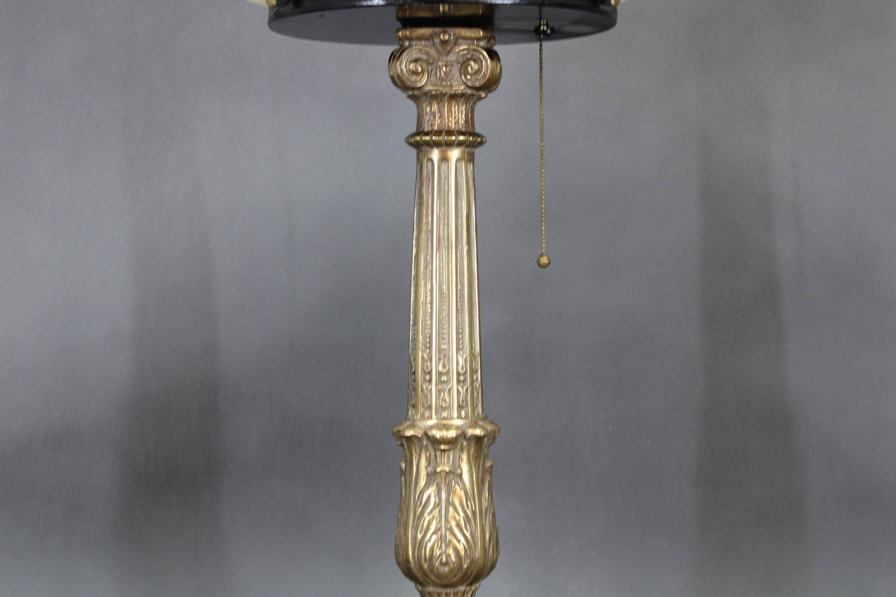 1940s Restored Brass Table Lamp with Wooden Base and Glass Shade