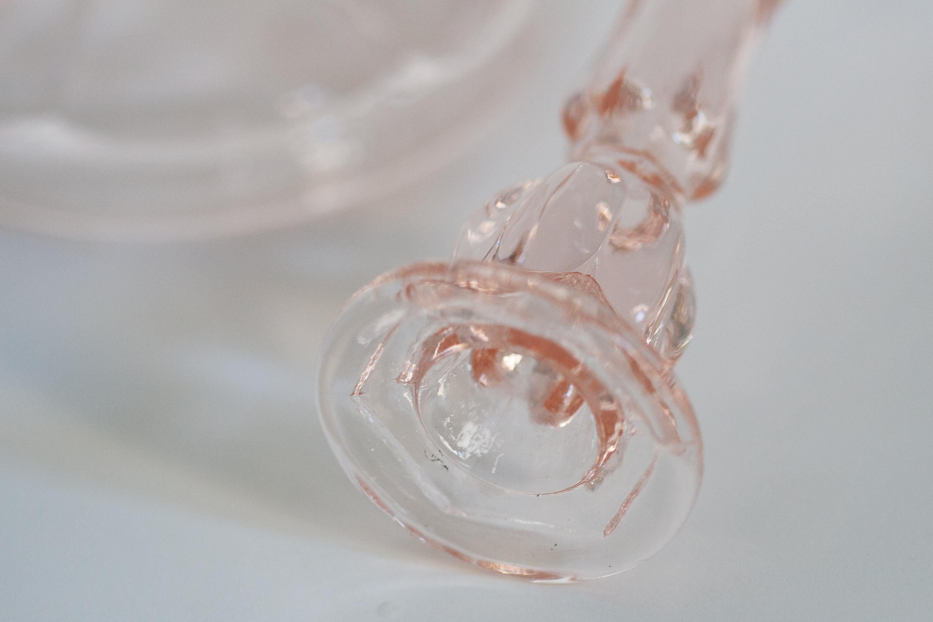Set of two light pink glass candlesticks from the mid-century, Poland, 1960s.