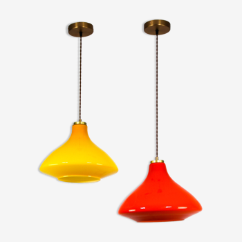 Mid-century yellow and orange glass pendant lamp, set of 2