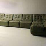 Patchwork olive green leather modular sofa set, 1970s