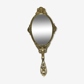 Miroir à main en bronze doré 18ème ciselure angelot chérubin coquillage