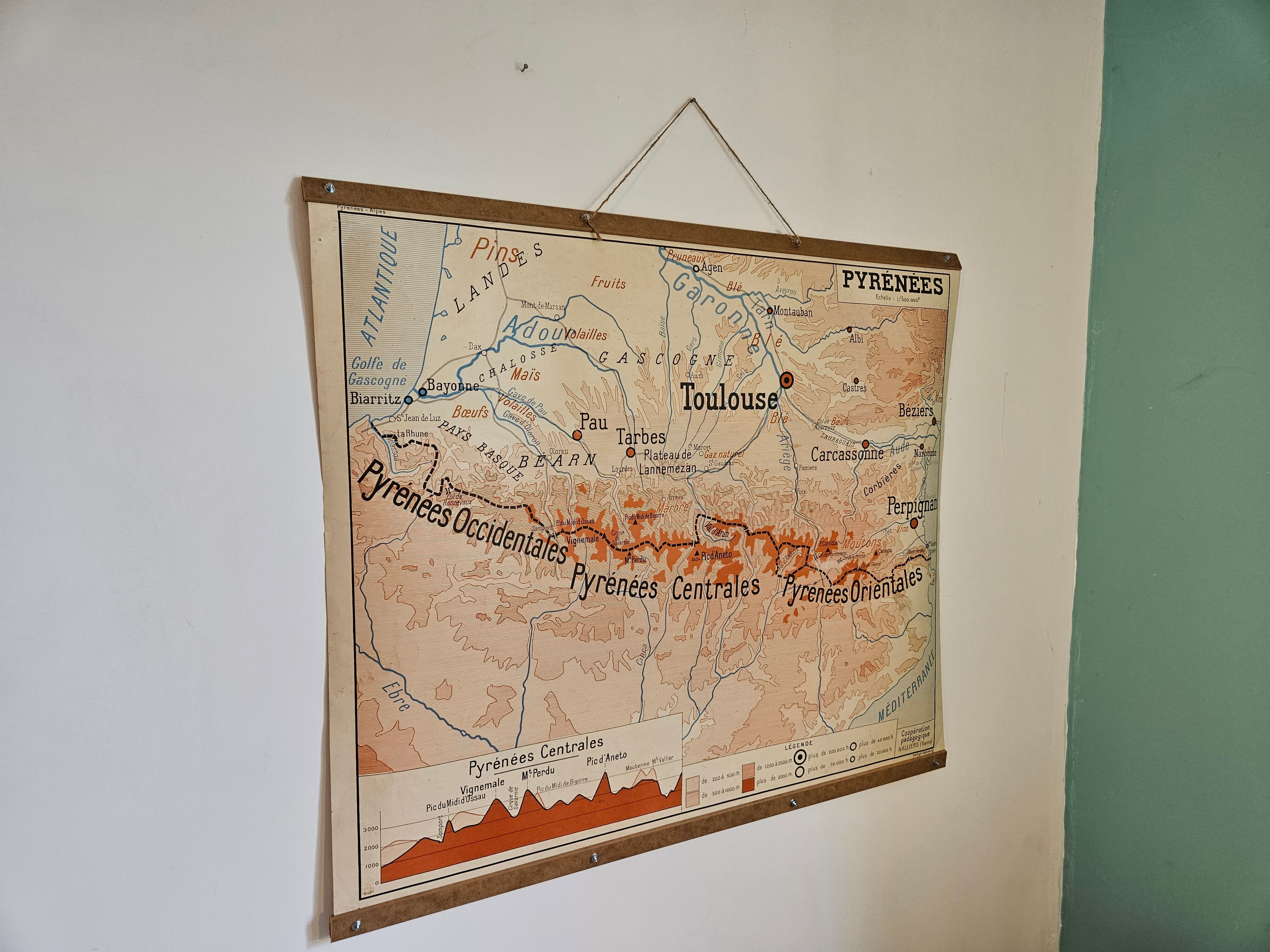Old school map of geography 1960 Pyrenees and the Alps