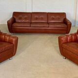 Retro vintage Danish 3 person Svend Skipper sofa in chestnut brown leather