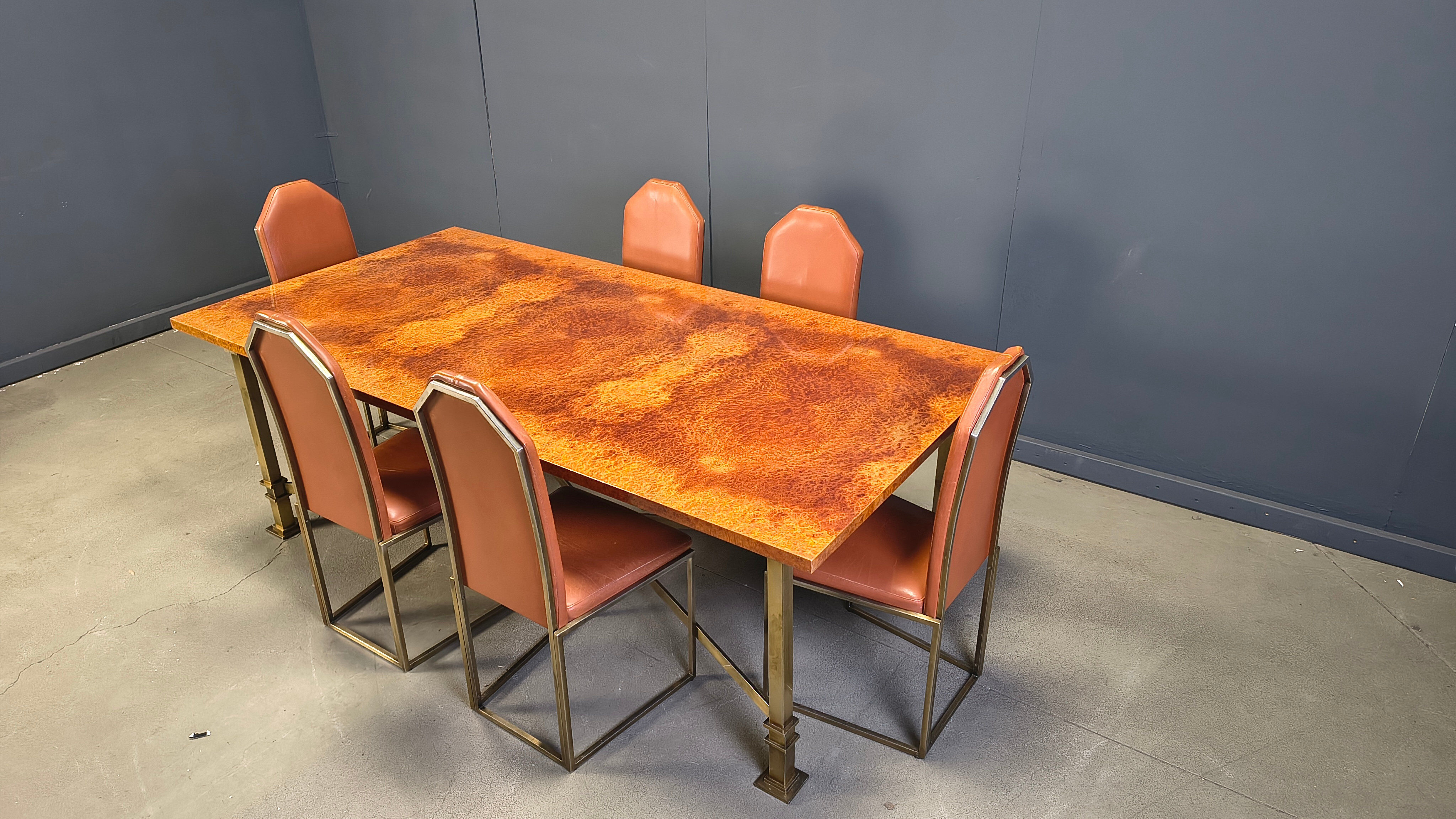 Vintage burl wood and brass dining table by Belgochrom, 1970s