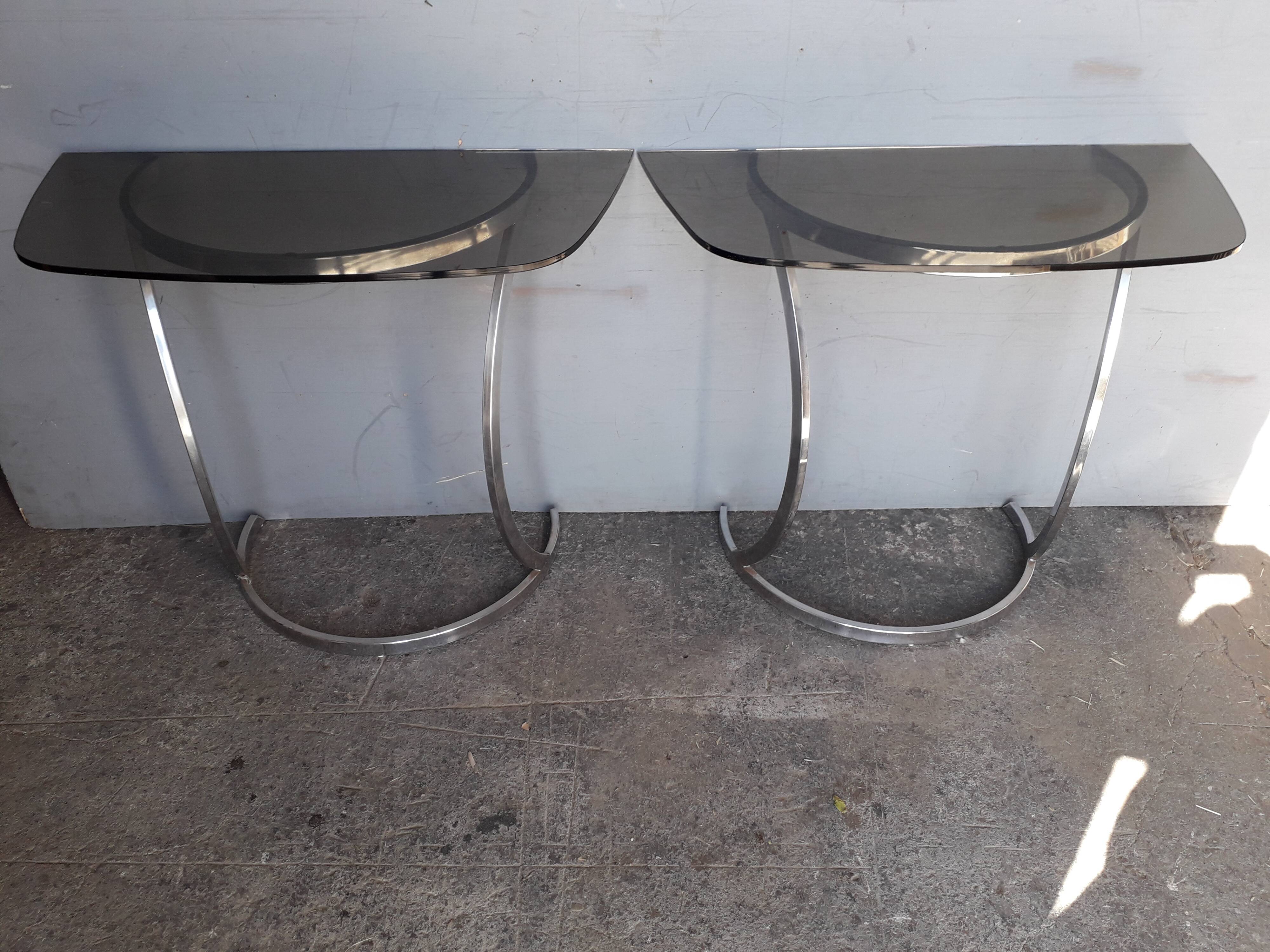 Paire de console demi lune chrome et verre ep 1970