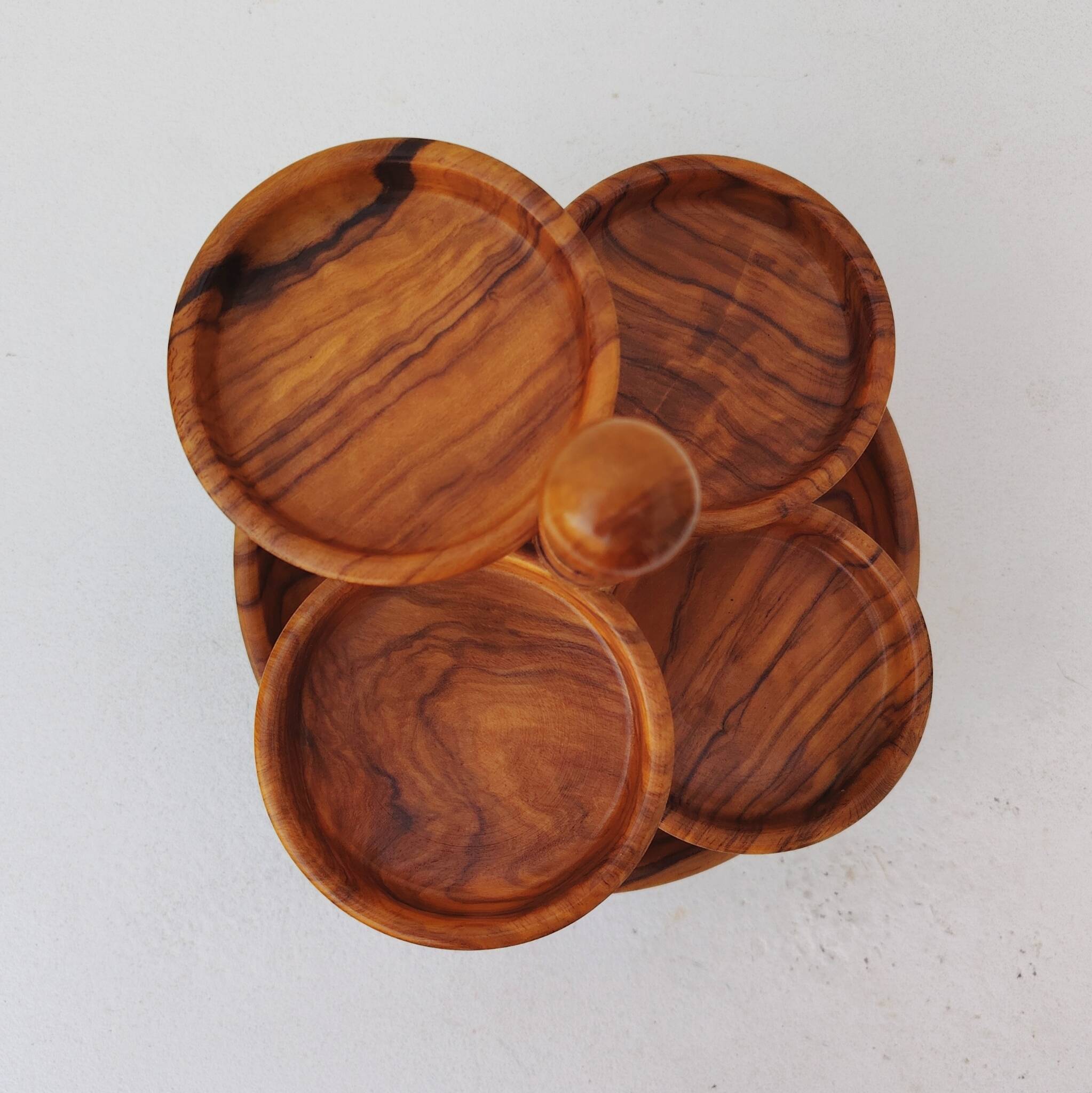 Aperitif server, olive wood, 70's design.