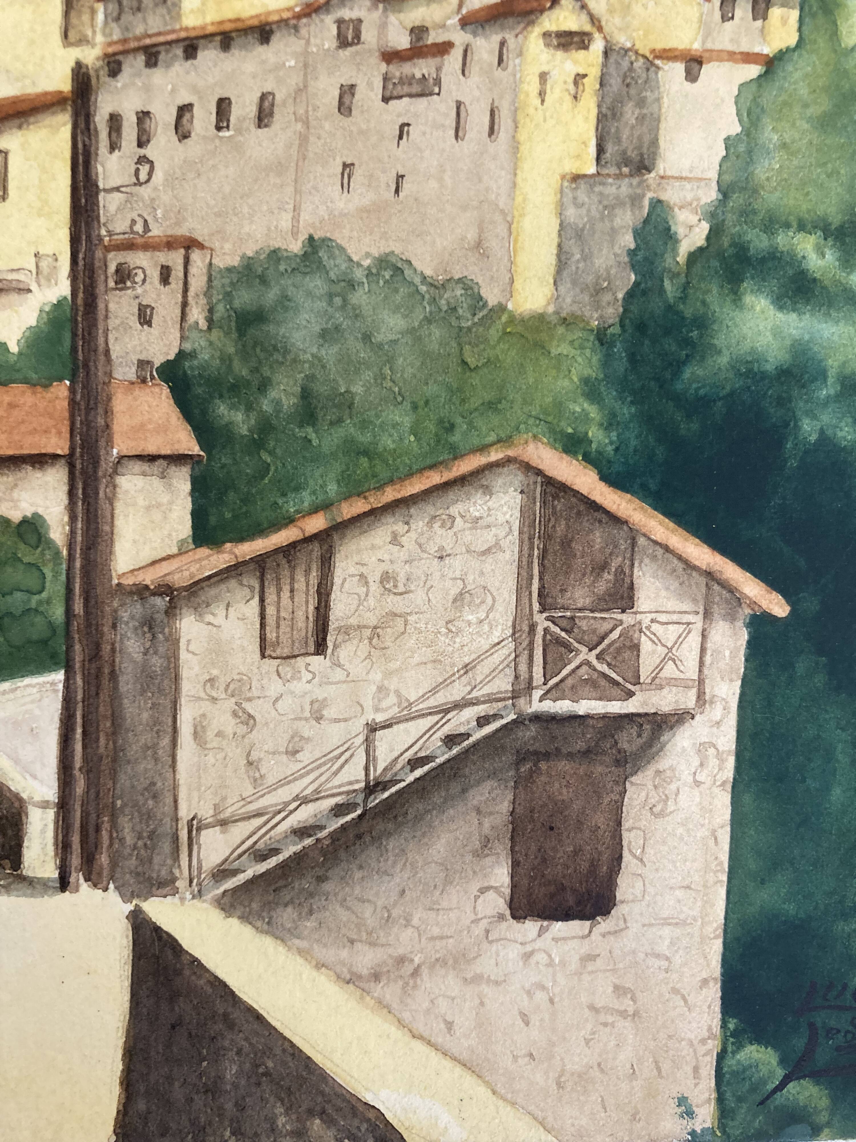 Signed watercolor of landscape with bell tower