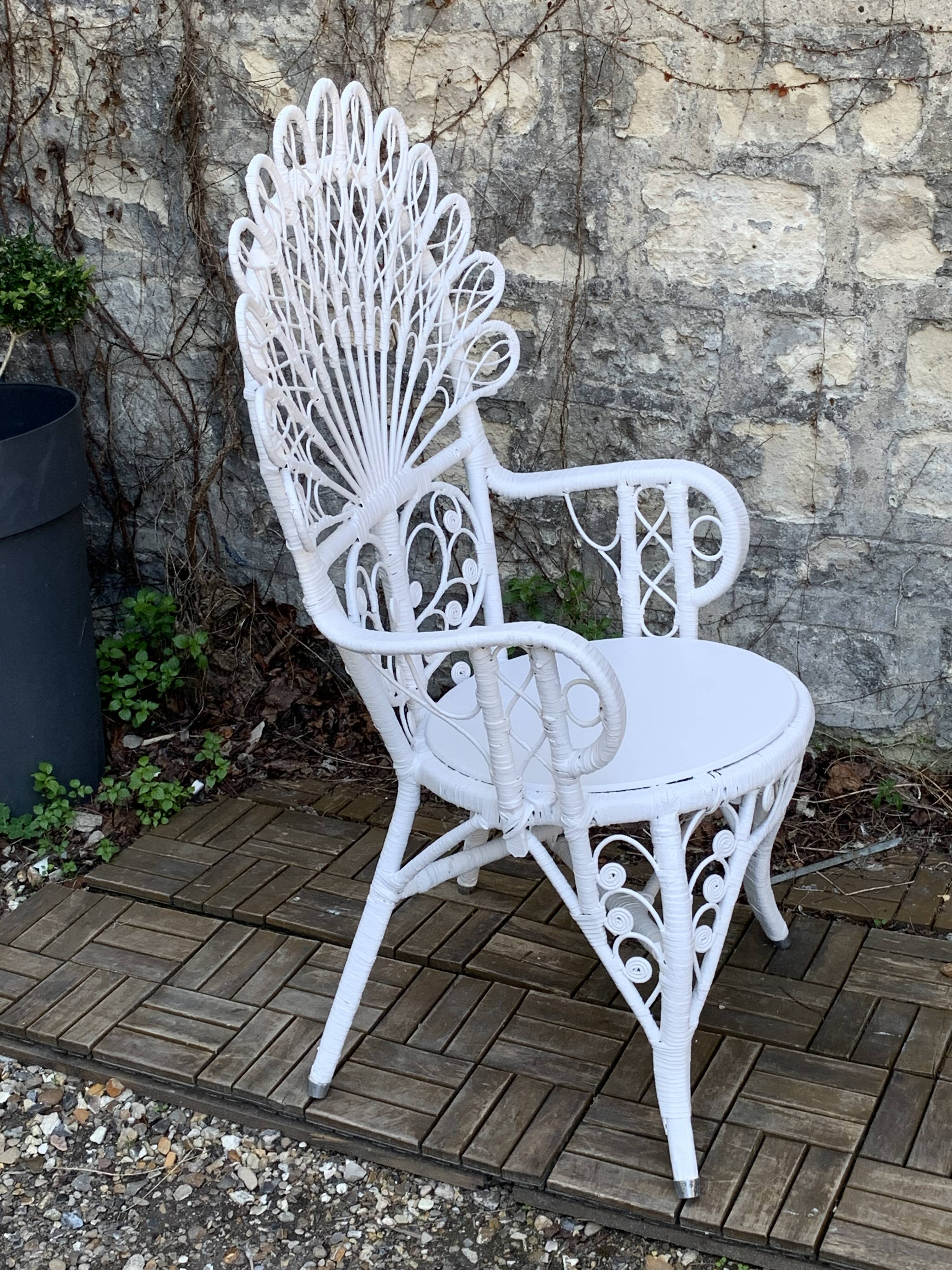 Emmanuelle Peacock white rattan armchair 1970