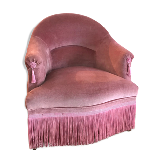 Fauteuil crapaud vintage vieux rose in velours with franges and pampilles