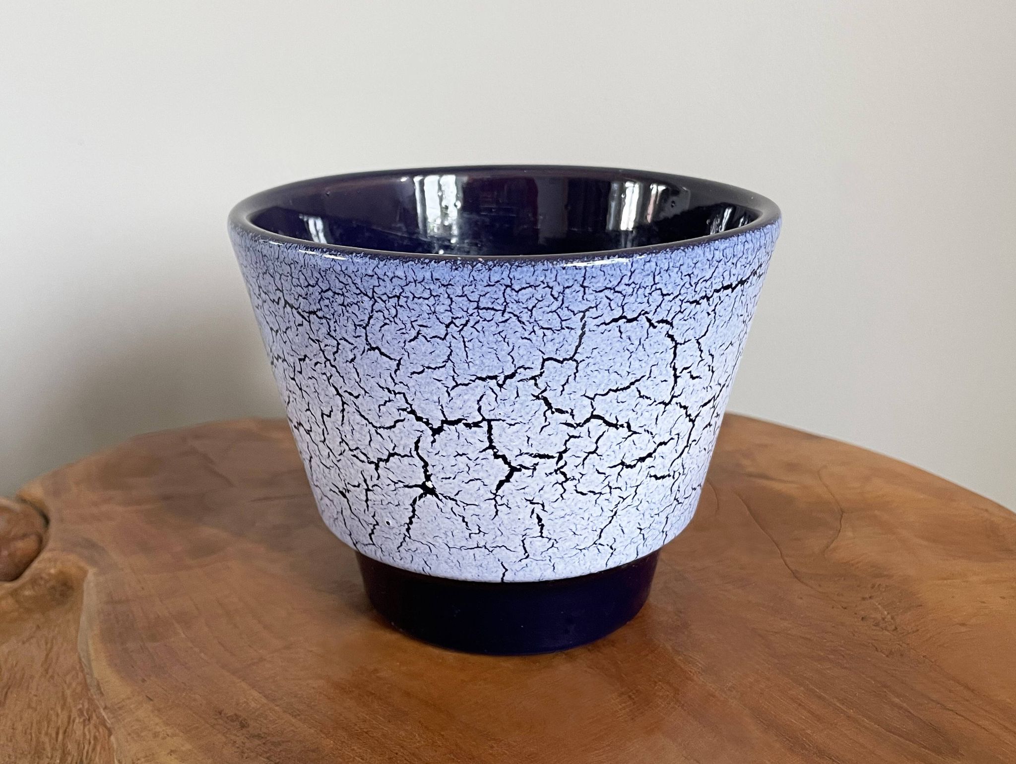 Crackled Reduction Glaze Planter in Blue and White Colours, Vintage Retro Flower Pot