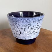 Crackled Reduction Glaze Planter in Blue and White Colours, Vintage Retro Flower Pot
