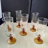 6 Luminarc champagne flutes with amber stem, 1970s