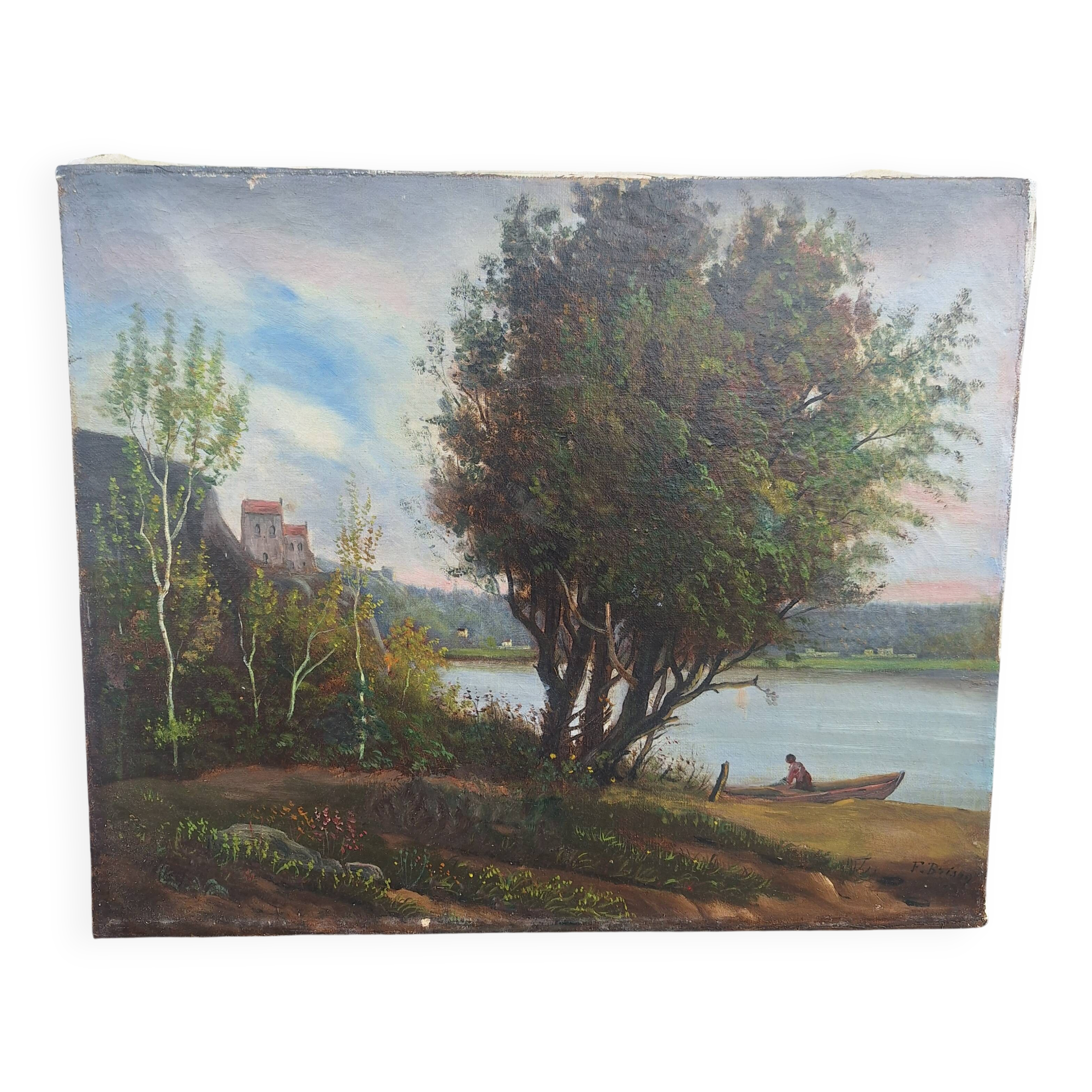 Oil on Canvas Signed F. Brison Tree and Boat by the Riverbank