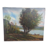 Oil on Canvas Signed F. Brison Tree and Boat by the Riverbank