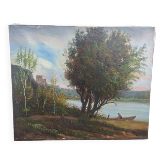 Huile sur Toile Signée F. Brison Arbre et Barque en Bord de Riviére