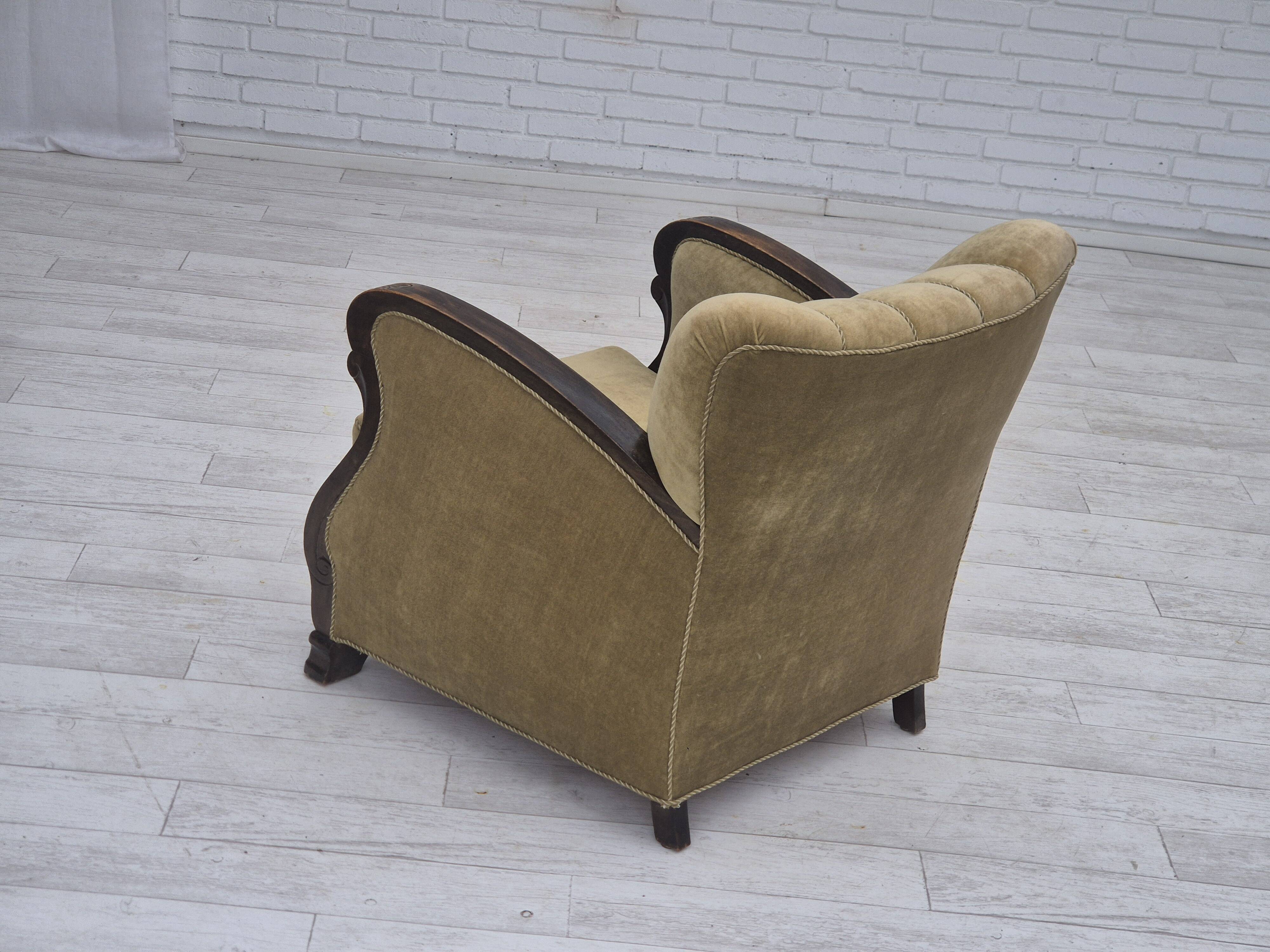 1950s, Danish relax armchair, green furniture velour, beech wood.