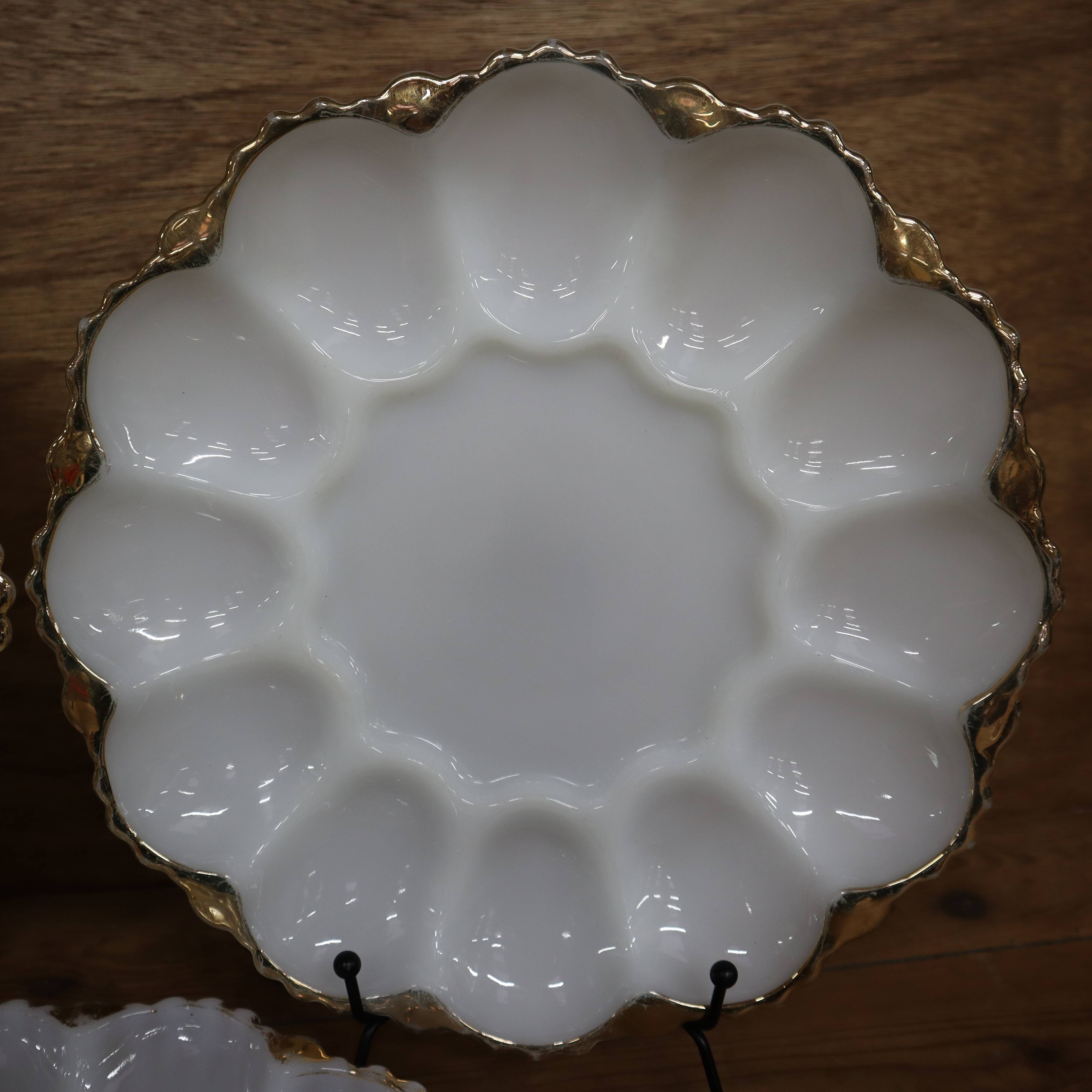 3 vintage plates for deviled eggs / oysters in white glass and gold