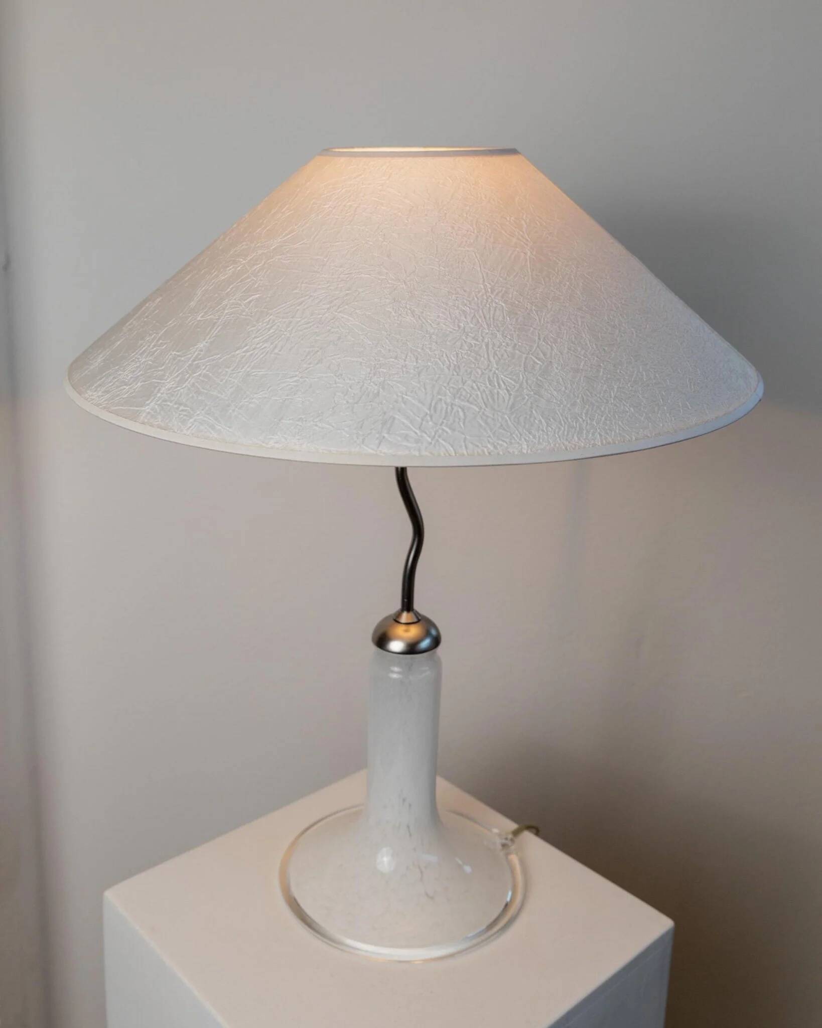 Vintage Murano glass table lamp - zigzag metal details, textured silk shade - Italy 1980s - timeless and elegant design, unique gift idea.