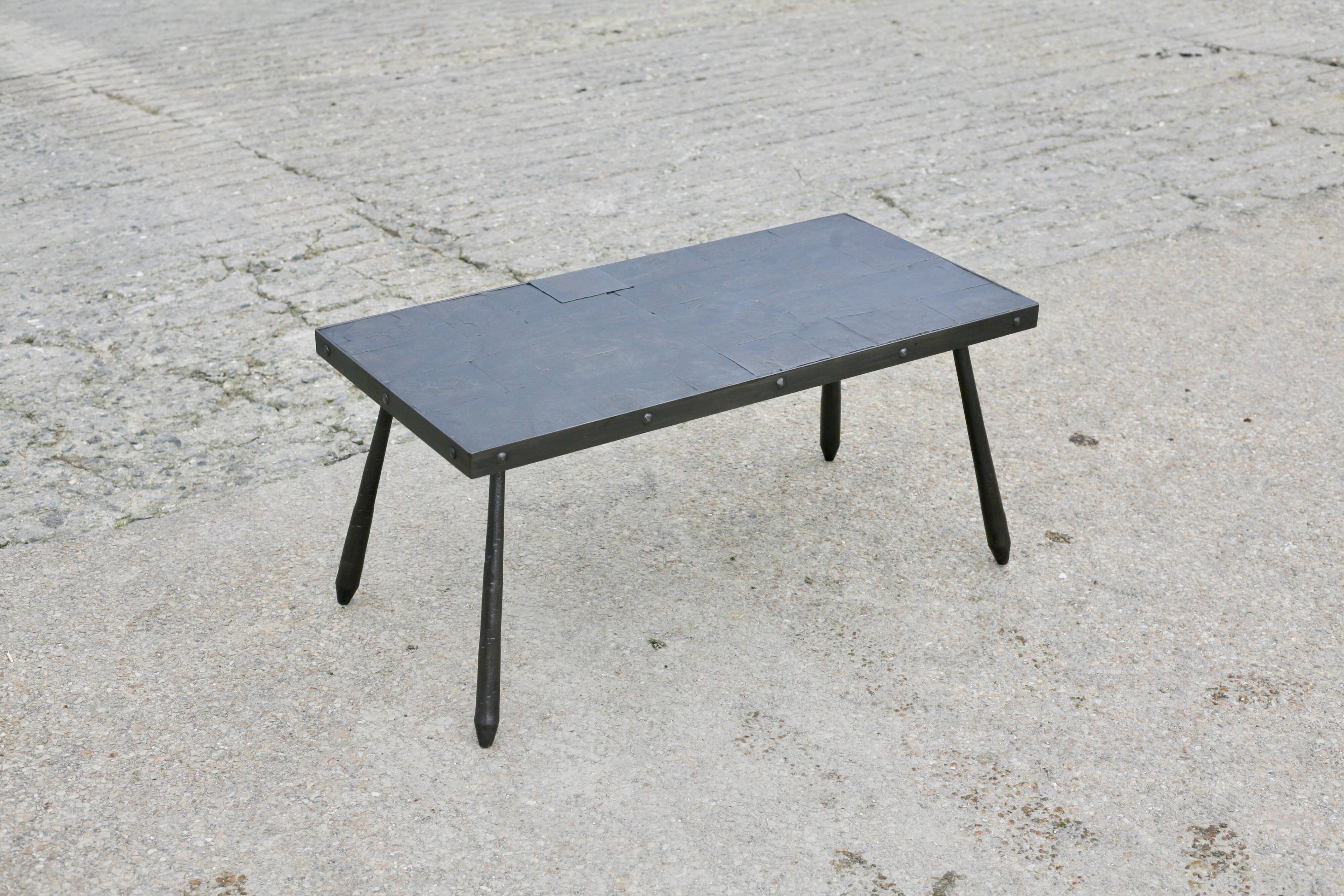 Brutalist coffee table, slate top and steel base, France, 1960s